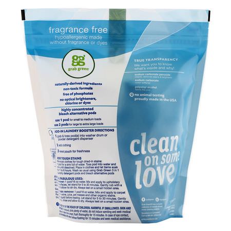 Tvättmedel, Tvätt, Städning, Hem: Grab Green, Bleach Alternative Pods, Fragrance Free, 60 Loads, 2 lbs 6 oz (1080 g)