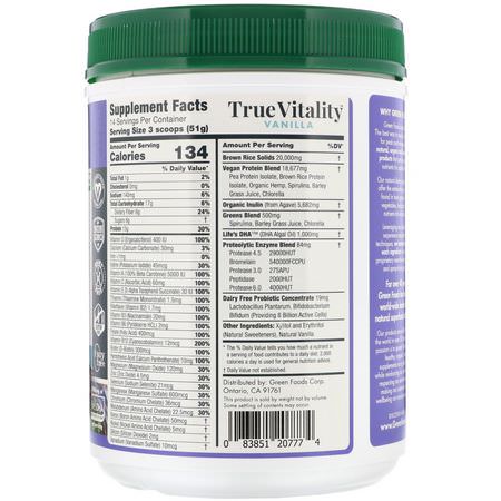 Växtbaserat, Växtbaserat Protein, Sportnäring, Måltidsersättningar: Green Foods, True Vitality, Plant Protein Shake with DHA, Vanilla, 1.57 lbs (714 g)