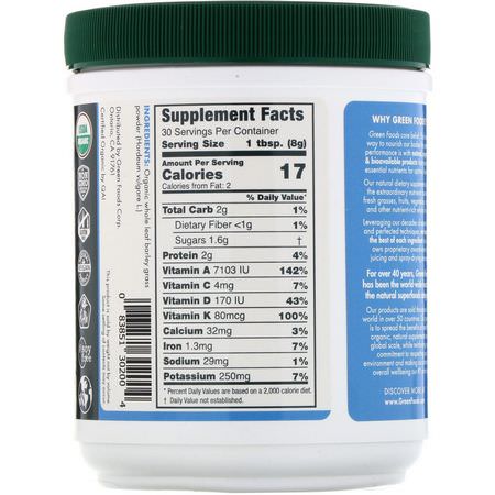 Barley Grass, Superfoods, Green, Supplements: Green Foods, Organic and Raw, Barley Grass Powder, 8.5 oz (240 g)