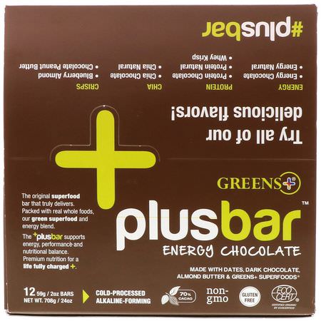 Näringsstänger, Energibar, Sportbarer, Brownies: Greens Plus, Plusbar, Energy Chocolate, 12 Bars, 2 oz (59 g) Each