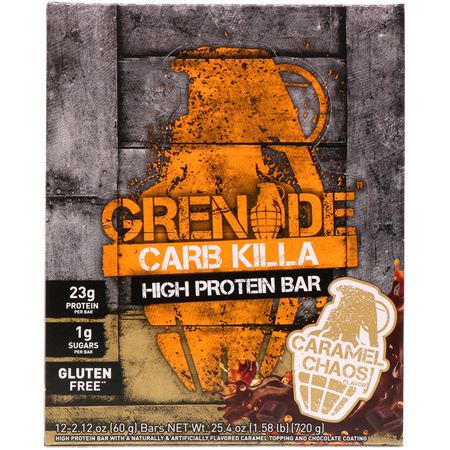Vassleproteinstänger, Mjölkproteinbarer, Proteinstänger, Brownies: Grenade, Carb Killa High Protein Bar, Caramel Chaos, 12 Bars, 2.12 oz (60 g) Each