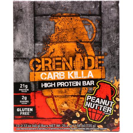 Vassleproteinstänger, Mjölkproteinbarer, Proteinbarer, Brownies: Grenade, Carb Killa Bars, Peanut Nutter, 12 Bars, 2.12 oz (60 g) Each