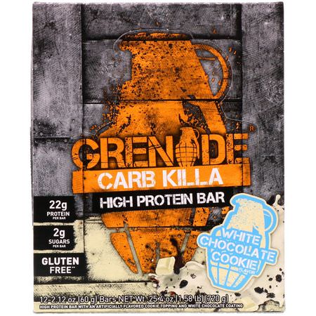 Vassleproteinstänger, Mjölkproteinstänger, Proteinstänger, Brownies: Grenade, Carb Killa High Protein Bar, White Chocolate Cookie, 12 Bars, 2.12 oz (60 g) Each