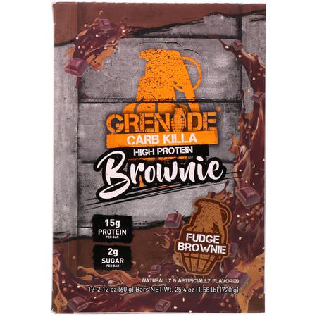 Vassleproteinstänger, Mjölkproteinbarer, Proteinbarer, Brownies: Grenade, Carb Killa Brownie, Fudge Brownie, 12 Bars, 2.12 oz (60 g) Each