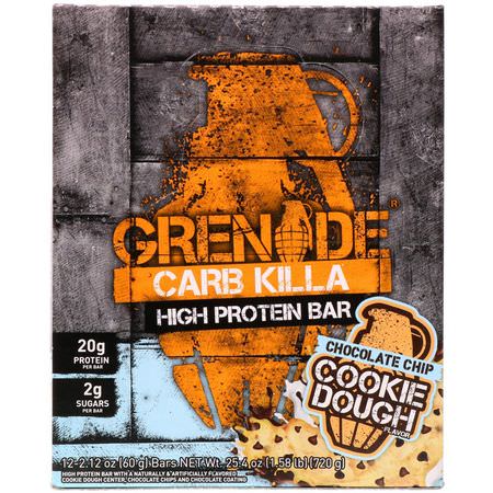 Vassleproteinstänger, Proteinstänger, Brownies, Kakor: Grenade, Carb Killa, High Protein Bar, Chocolate Chip Cookie Dough, 12 Bars, 2.12 oz (60 g) Each