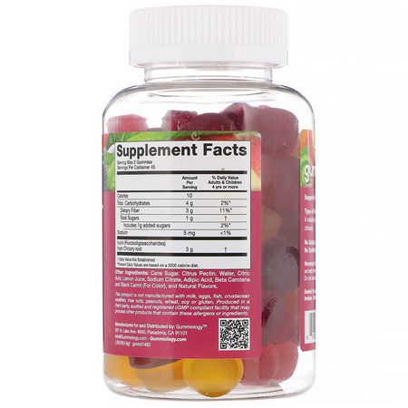 Prebiotic Fiber Inulin, Fiber, Matsmältning, Kosttillskott: Gummiology, Adult Fiber Gummies, Natural Peach, Strawberry, & Blackberry Flavors, 100 Vegetarian Gummies