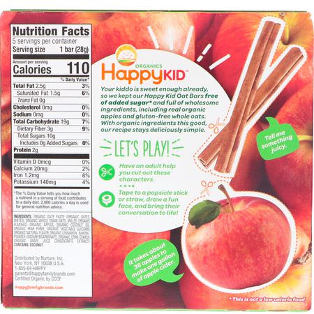Fingermat, Barer, Mellanmål, Barnmatning: Happy Family Organics, Happy Kid, Apple + Cinnamon, Fruit & Oat Bar, 5 Bars, 0.99 oz (28 g) Each