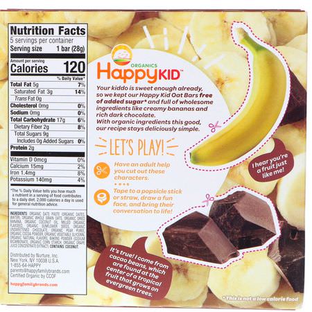 Fingermat, Barer, Mellanmål, Barnmatning: Happy Family Organics, Happy Kid, Banana + Chocolate, Fruit & Oat Bar, 5 Bars, 0.99 oz (28 g) Each