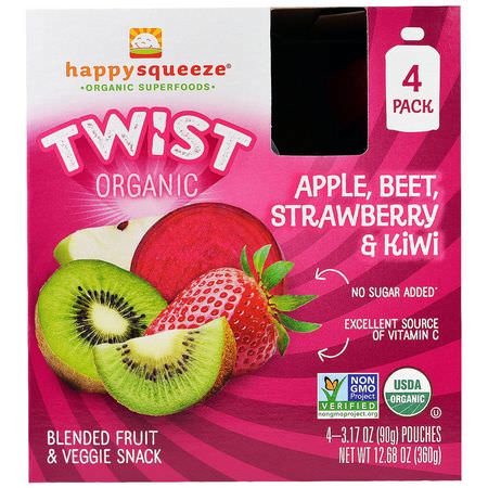 Måltider, Puréer, Påsar, Barnfoder: Happy Family Organics, Happy Squeeze, Organic Superfoods, Twist, Organic Apple, Beet, Strawberry & Kiwi, 4 Pouches, 3.17 oz (90 g) Each