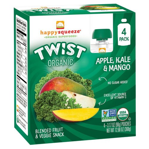 Happy Family Organics, Happy Squeeze, Organic Superfoods, Twist, Organic Apple, Kale & Mango, 4 Pouches, 3.17 oz (90 g) Each Review