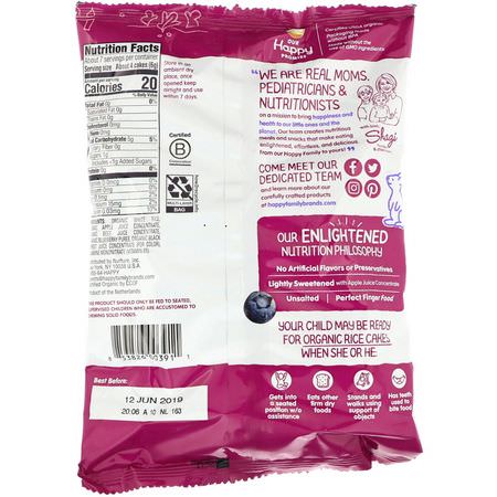 Fingermat, Barer, Mellanmål, Barnmatning: Happy Family Organics, Organic Rice Cakes, Puffed Rice Snack, Blueberry & Beet, 1.4 oz (40 g)