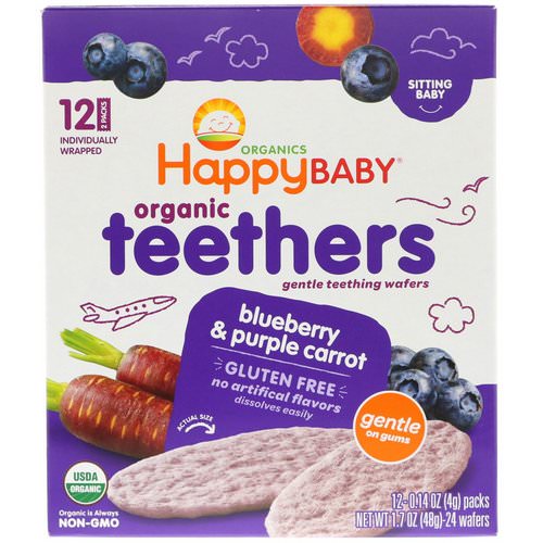 Happy Family Organics, Organic Teethers, Gentle Teething Wafers, Sitting Baby, Blueberry & Purple Carrot, 12 Packs, 0.14 oz (4 g) Each Review