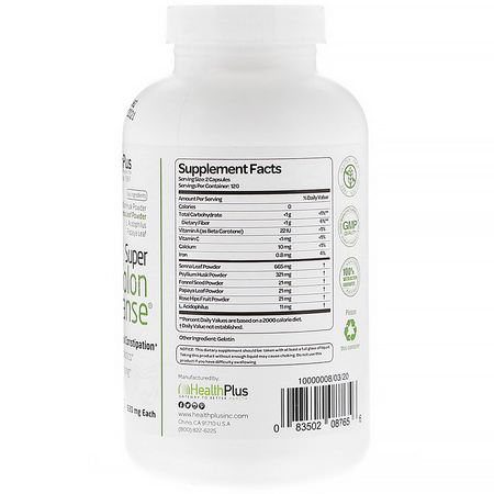 Kolonrensning, Kosttillskott: Health Plus, Super Colon Cleanse, 530 mg, 240 Capsules