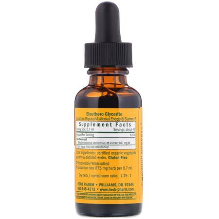 Ginseng, Eleuthero, Homeopati, Örter: Herb Pharm, Eleuthero, Glycerite, 1 fl oz (30 ml)