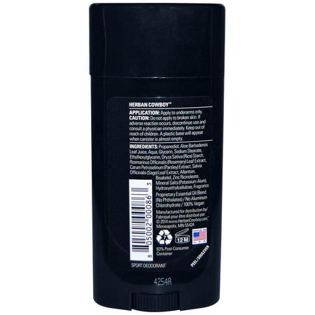 Deodorant För Män, Grooming För Män, Bad: Herban Cowboy, Sport, Maximum Protection Deodorant, 2.8 oz (80 g)
