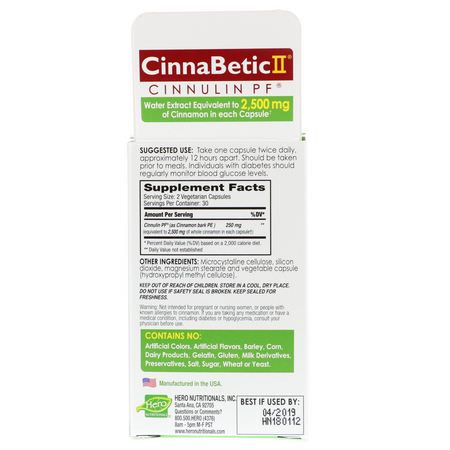 Blodsocker, Blodstöd, Kosttillskott: Hero Nutritional Products, CinnaBetic II, Cinnamon Water Extract, 60 Vegetarian Capsules