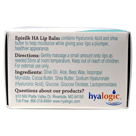 Läppbalsam, Läppvård, Bad: Hyalogic, Episilk, HA Lip Balm with Hyaluronic Acid, 1/2 fl oz (14 g)