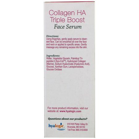 Hydrating, Firming, Anti-Aging, Serums: Hyalogic, Collagen HA Triple Boost Face Serum, .47 fl oz (13.5 ml)