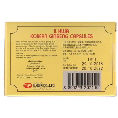 Ginseng, Homeopati, Örter: Ilhwa, Korean Ginseng Capsules, 500 mg, 100 Capsules