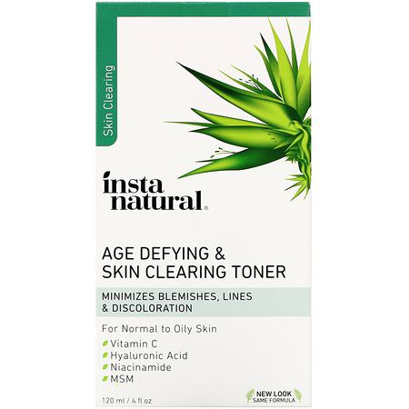 Grädde, Hyaluronsyra-Serum, Tonrar, Skrubba: InstaNatural, Age-Defying & Skin Clearing Toner, 4 fl oz (120 ml)