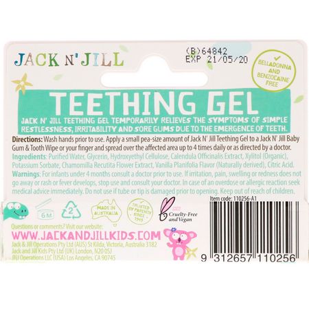 Tandväxtvätskor, Munvård, Tandläkare, Barn: Jack n' Jill, Teething Gel, 4+ Months, Vanilla, 0.5 oz (15 g)