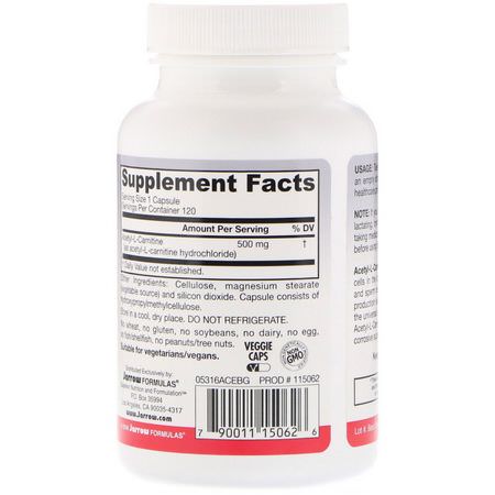 Acetyl L-Karnitin, Aminosyror, Kosttillskott: Jarrow Formulas, Acetyl L-Carnitine 500, 500 mg, 120 Veggie Caps