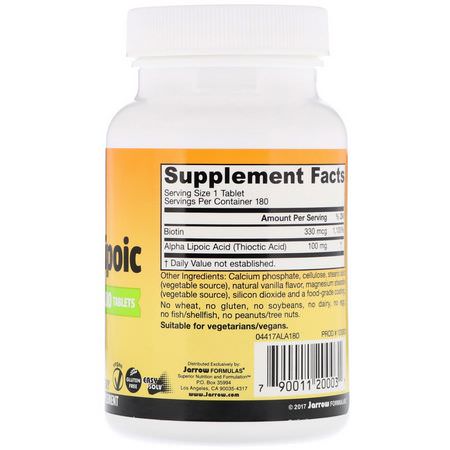 Alpha Lipoic Acid, Antioxidants, Supplements: Jarrow Formulas, Alpha Lipoic Acid, with Biotin, 100 mg, 180 Tablets
