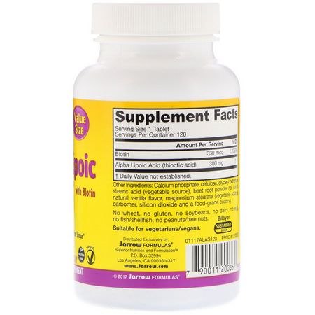 Blood Sugar, Alpha Lipoic Acid, Antioxidants, Supplements: Jarrow Formulas, Alpha Lipoic Sustain, with Biotin, 300 mg, 120 Tablets
