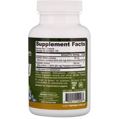 Blåbär, Homeopati, Örter: Jarrow Formulas, Bilberry + Grapeskin Polyphenols, 280 mg, 120 Veggie Caps