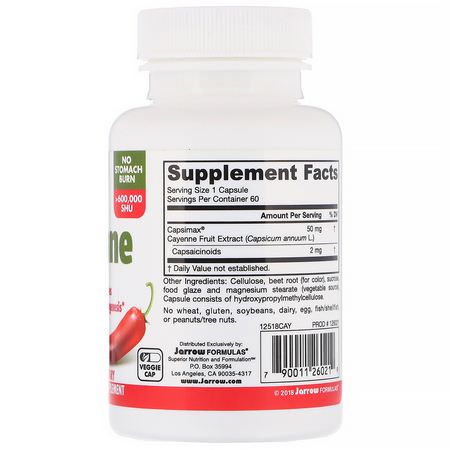 Cayenne Pepper Capsicum, Homeopati, Örter: Jarrow Formulas, Cayenne Max, 50 mg, 60 Veggie Caps