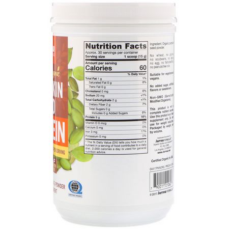 Pumpkin Protein, Plant Based Protein, Sports Nutrition: Jarrow Formulas, Certified Organic Pumpkin Seed Protein, 16 oz (454 g)
