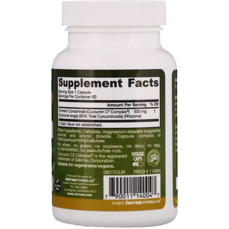 Curcumin, Gurkmeja, Antioxidanter, Kosttillskott: Jarrow Formulas, Curcumin 95, 500 mg, 60 Veggie Caps