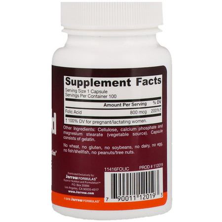 Folsyra, Vitamin B, Vitaminer, Kosttillskott: Jarrow Formulas, Folic Acid, 800 mcg, 100 Capsules
