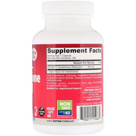 L-Glutathione, Antioxidants, Supplements: Jarrow Formulas, Glutathione Reduced, 500 mg, 120 Veggie Caps
