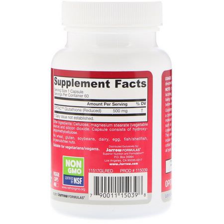 L-Glutathione, Antioxidants, Supplements: Jarrow Formulas, Glutathione Reduced, 500 mg, 60 Veggie Caps