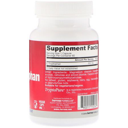 L-Tryptophan, Sleep, Supplements: Jarrow Formulas, L-Tryptophan, 500 mg, 60 Veggie Caps