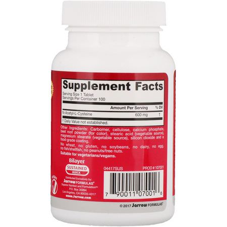 N-Acetyl Cystein Nac, Antioxidanter, Kosttillskott: Jarrow Formulas, N-A-C Sustain, N-Acetyl-L-Cysteine, 600 mg, 100 Tablets