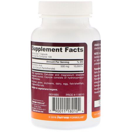 Vitamin B, Vitaminer, Kosttillskott: Jarrow Formulas, Pantothenic Acid B5, 500 mg, 100 Veggie Caps