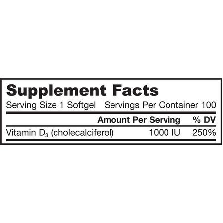 D3 Cholecalciferol, D-Vitamin, Vitaminer, Kosttillskott: Jarrow Formulas, Vitamin D3, Cholecalciferol, 1,000 IU, 100 Softgels