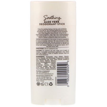 Deodorant, Bath: Jason Natural, Deodorant Stick, Soothing Aloe Vera, 2.5 oz (71 g)