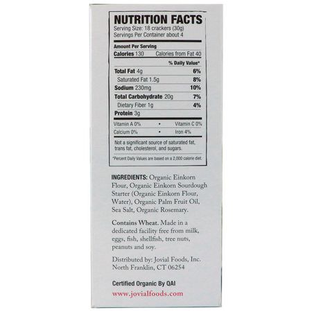 Crackers, Snacks: Jovial, Organic Sourdough Einkorn Crackers, Rosemary, 4.5 oz (128 g)