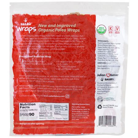 Inslag, Bröd, Säd, Ris: Julian Bakery, Organic Paleo Wraps, 7 Wraps, 7.7 oz (224 g)