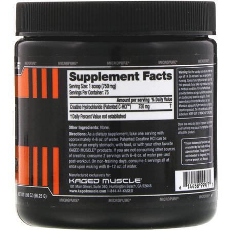 Kreatin Hcl, Kreatin, Muskelbyggare, Idrottsnäring: Kaged Muscle, Patented C-HCI, Creatine HCI, Unflavored, 1.98 oz (56.25 g)