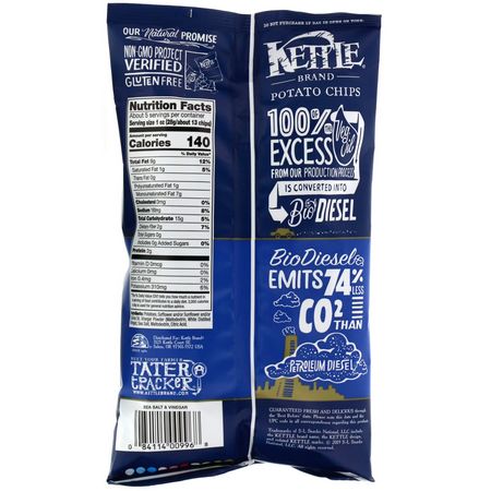 Chips, Mellanmål: Kettle Foods, Potato Chips, Sea Salt & Vinegar, 5 oz (142 g)