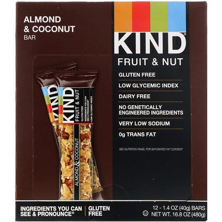 Mellanmålstänger, Näringsstänger: KIND Bars, Fruit & Nut Bar, Almond & Coconut, 12 Bars, 1.4 oz (40 g) Each