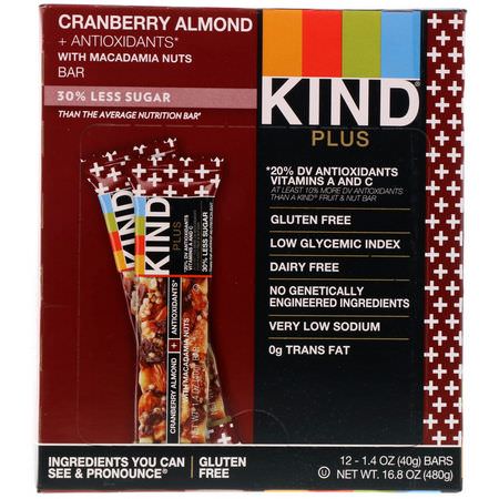 Snackstänger, Näringsstänger: KIND Bars, Kind Plus, Cranberry Almond + Antioxidants with Macadamia Nuts, 12 Bars, 1.4 oz (40 g) Each