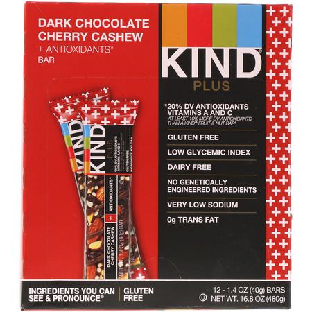 Snackstänger, Näringsstänger: KIND Bars, Kind Plus, Dark Chocolate Cherry Cashew + Antioxidants, 12 Bars, 1.4 oz (40 g) Each