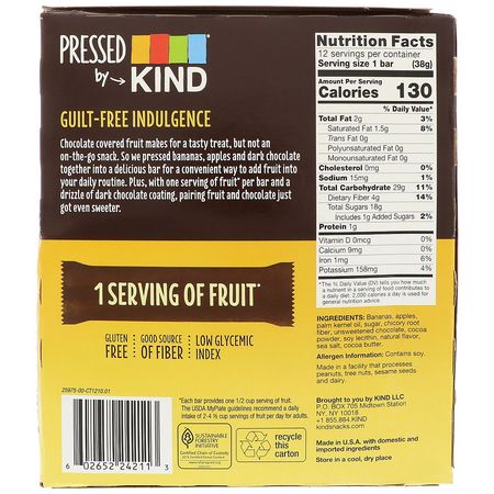 Fruktstänger: KIND Bars, Pressed by KIND, Dark Chocolate Banana, 12 Fruit Bars, 1.35 oz (38 g) Each