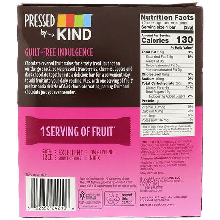 Fruktstänger: KIND Bars, Pressed by KIND, Dark Chocolate Strawberry, 12 Fruit Bars, 1.34 oz (38 g) Each