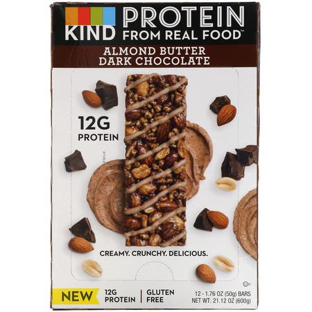 Snackstänger, Näringsstänger: KIND Bars, Protein, Almond Butter Dark Chocolate, 12 Bars, 1.76 oz (50 g) Each